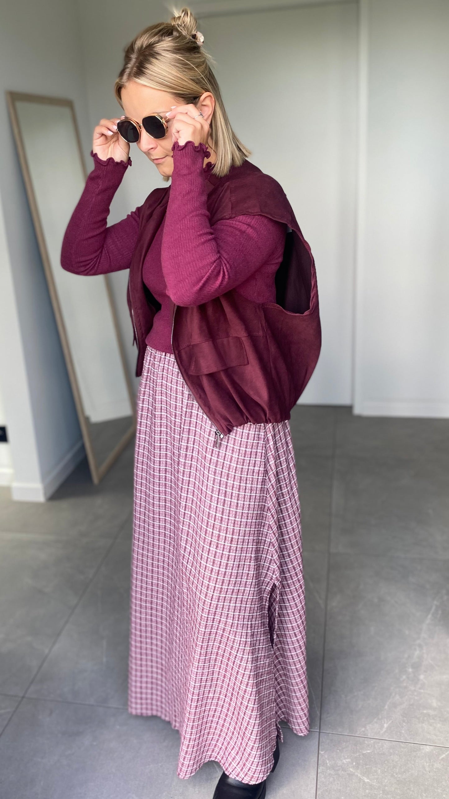 Burgundy geruite maxi skirt