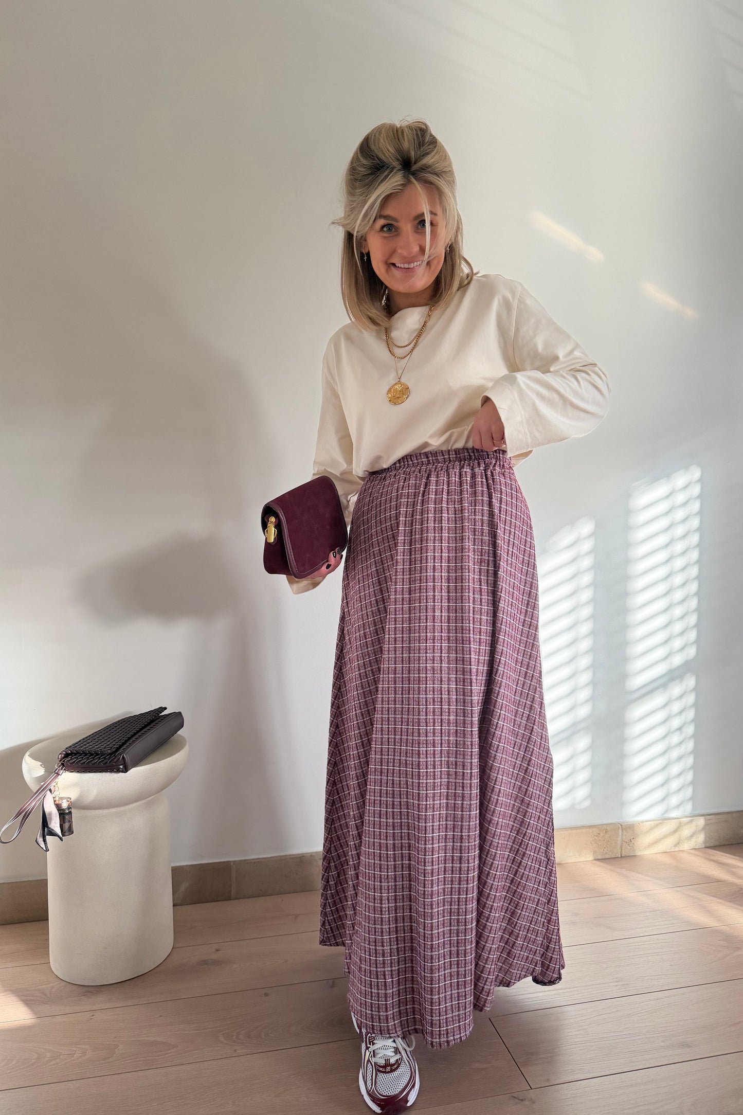 Burgundy geruite maxi skirt