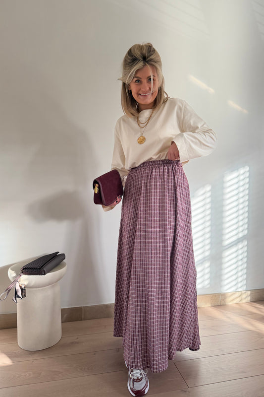 Burgundy geruite maxi skirt